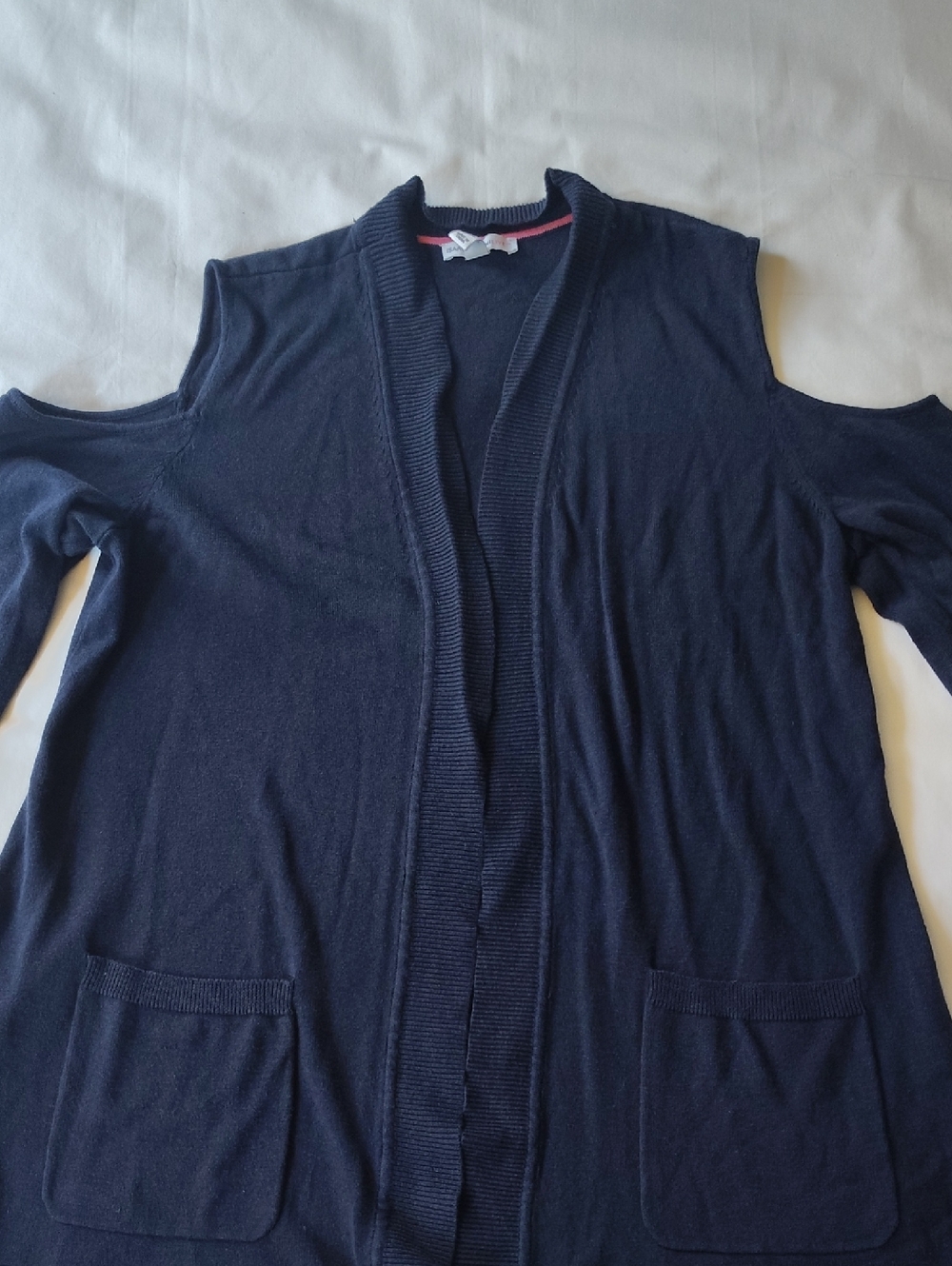 Isaac Mizrahi Navy Cold-Shoulder Open-Front Cardigan Scalloped EUC